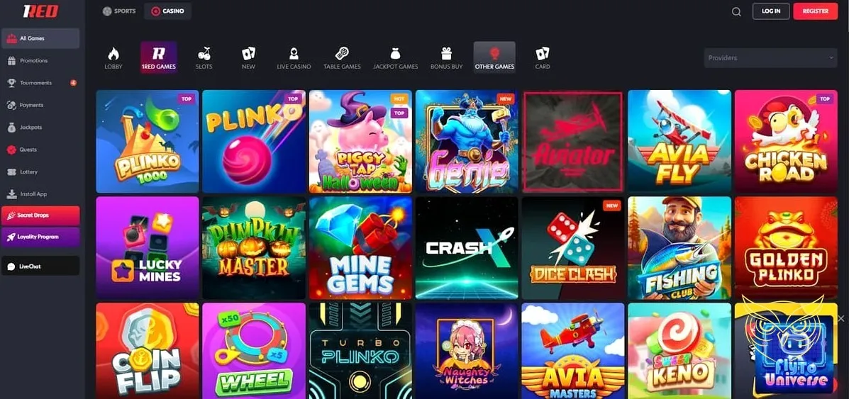 Section des jeux de casino en direct 1RED