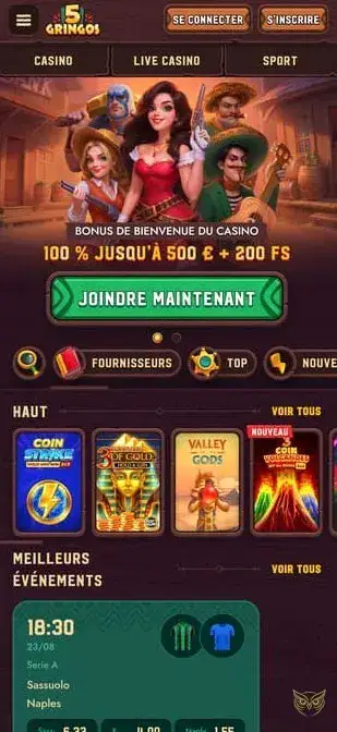 Capture d'écran de l'application mobile 5Gringos Casino