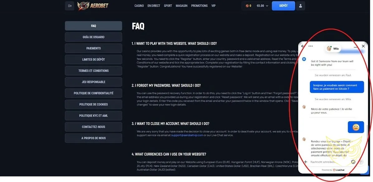 Icône du service client Aerobet Casino