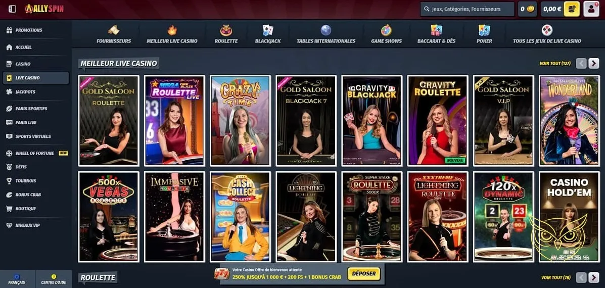 Fonctionnalité Wheel of Fortune du casino AllySpin