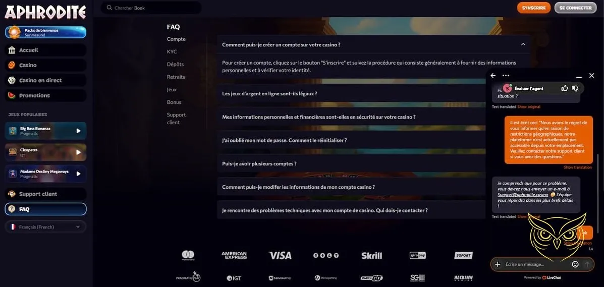 Section casino en direct Aphrodite Casino