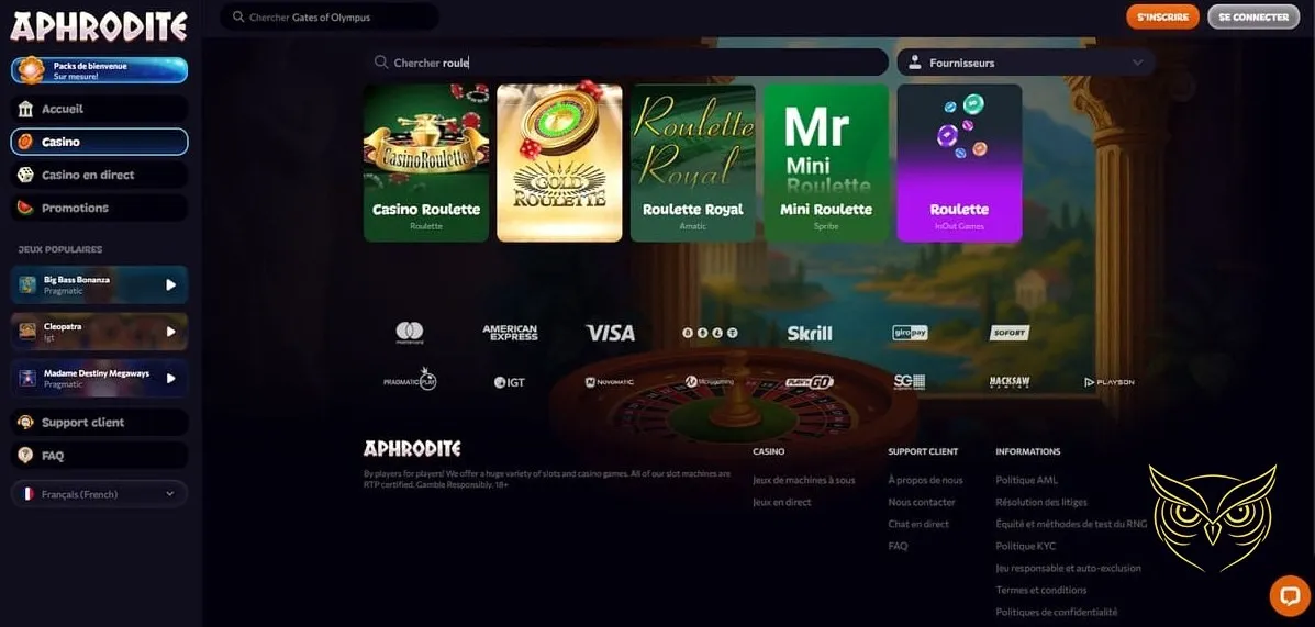 Section foire aux questions Aphrodite Casino