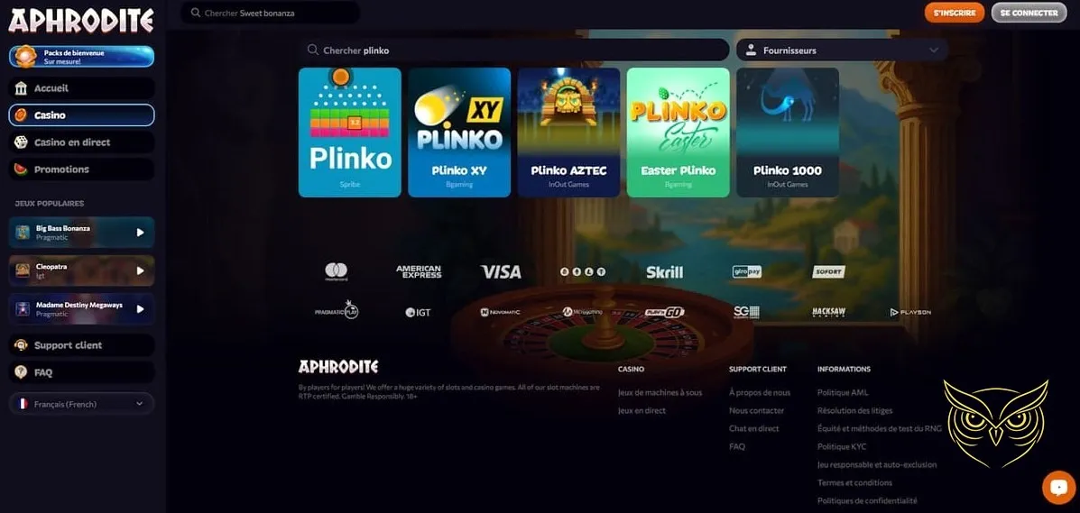 Information inscription par pays Aphrodite Casino