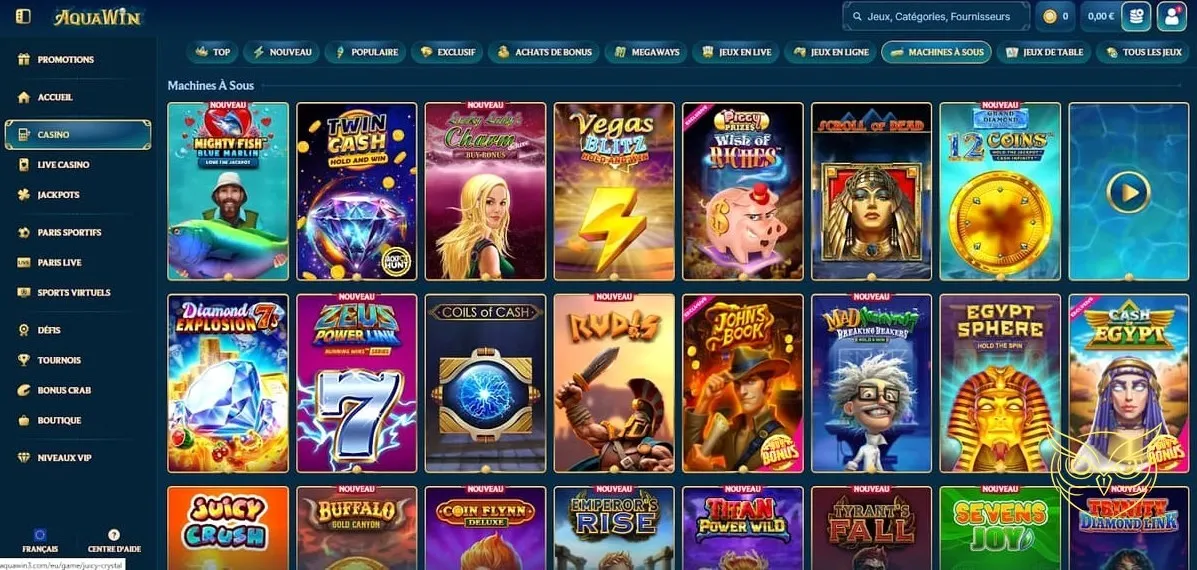 Section défis du casino Aquawin