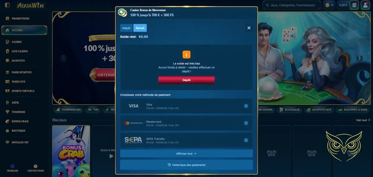 Bouton retrait de fonds Aquawin Casino