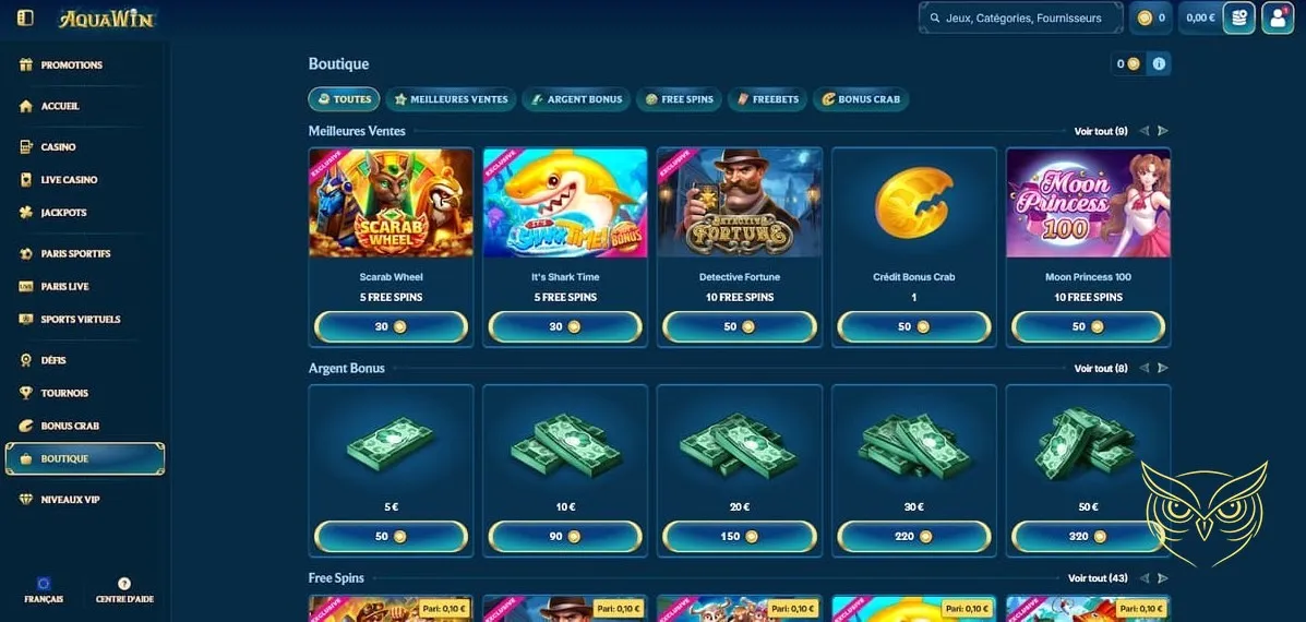 Interface casino live Aquawin Casino
