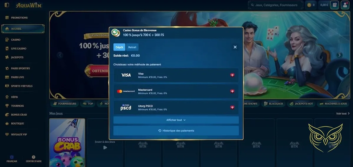 Section paris en direct Aquawin Casino