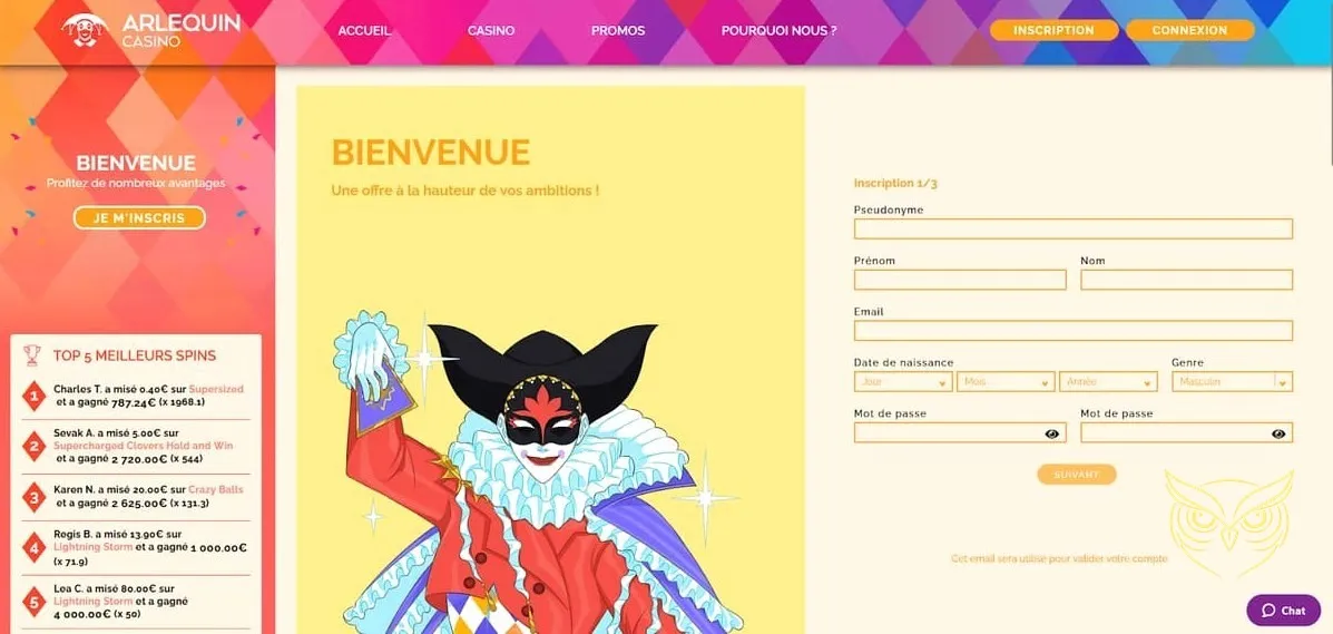 Section casino live d'Arlequin Casino.