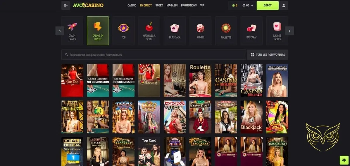 Interface de la section casino live Avocasino.
