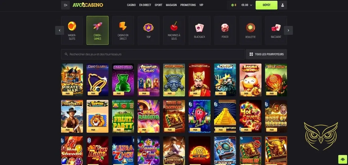 Interface de la section paris sportifs Avocasino.