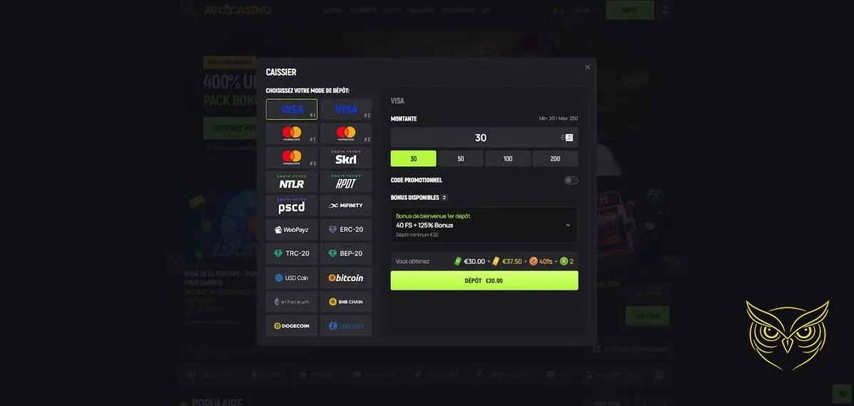 Interface de la section streaming Avocasino Casino.