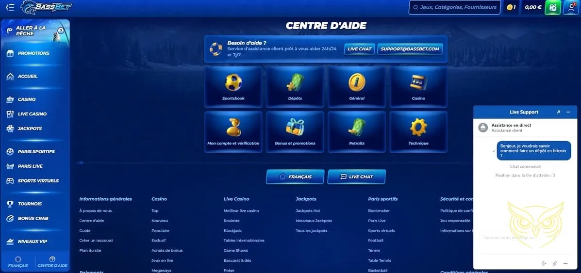 Section paris sportifs BassBet Casino