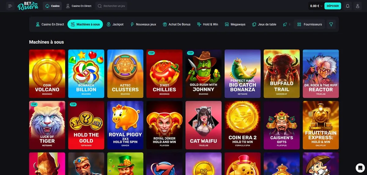Interface principale de Bet Riviera Casino