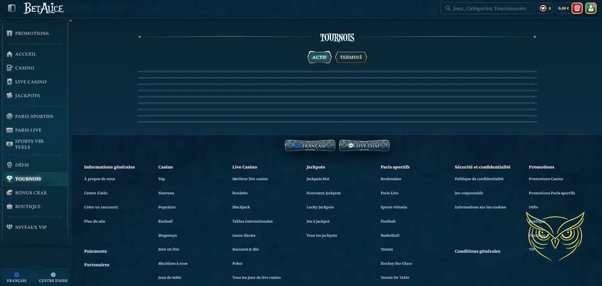 Capture d'écran du choix de bonus bienvenue BetAlice