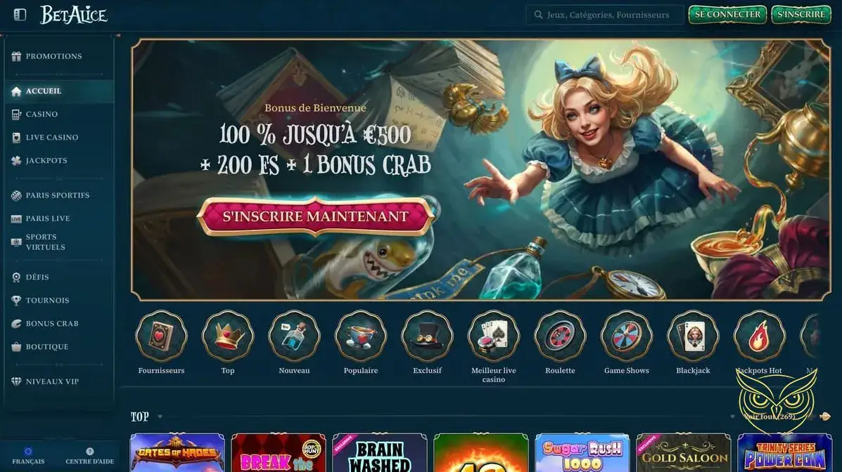 Capture d'écran de l'interface du casino BetAlice