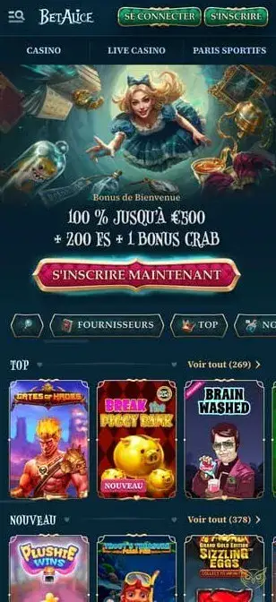 Capture d'écran de l'application mobile BetAlice Casino