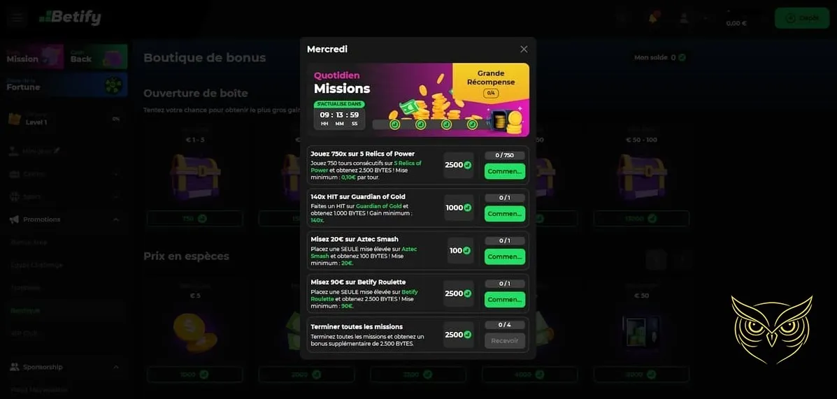 Icône de la section missions du casino Betify