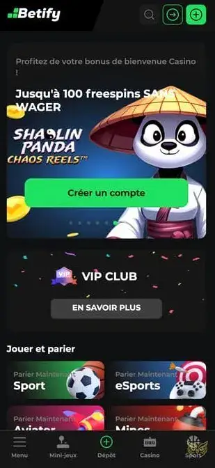 Capture d'écran de l'application Betify Casino