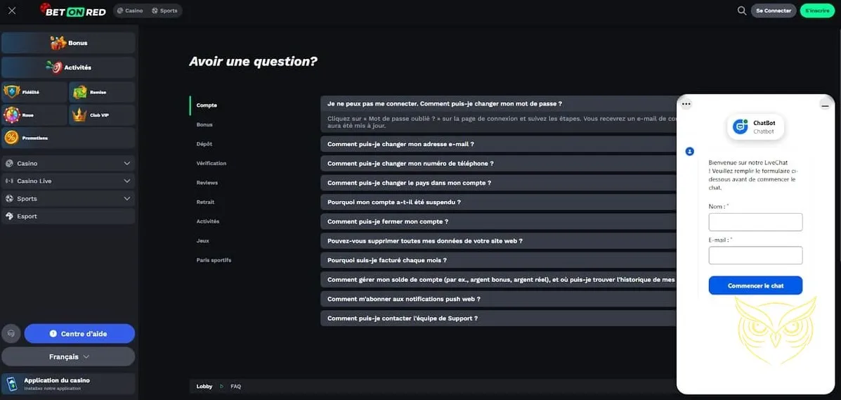 Icône du service client Bet On Red Casino