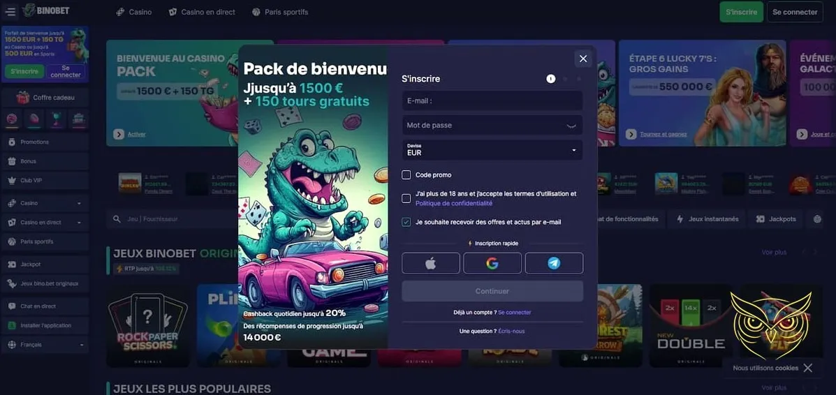 Section des promotions attrayantes du casino Binobet