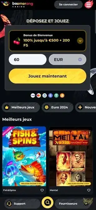 Capture d'écran de l'application Boomerang Casino mobile