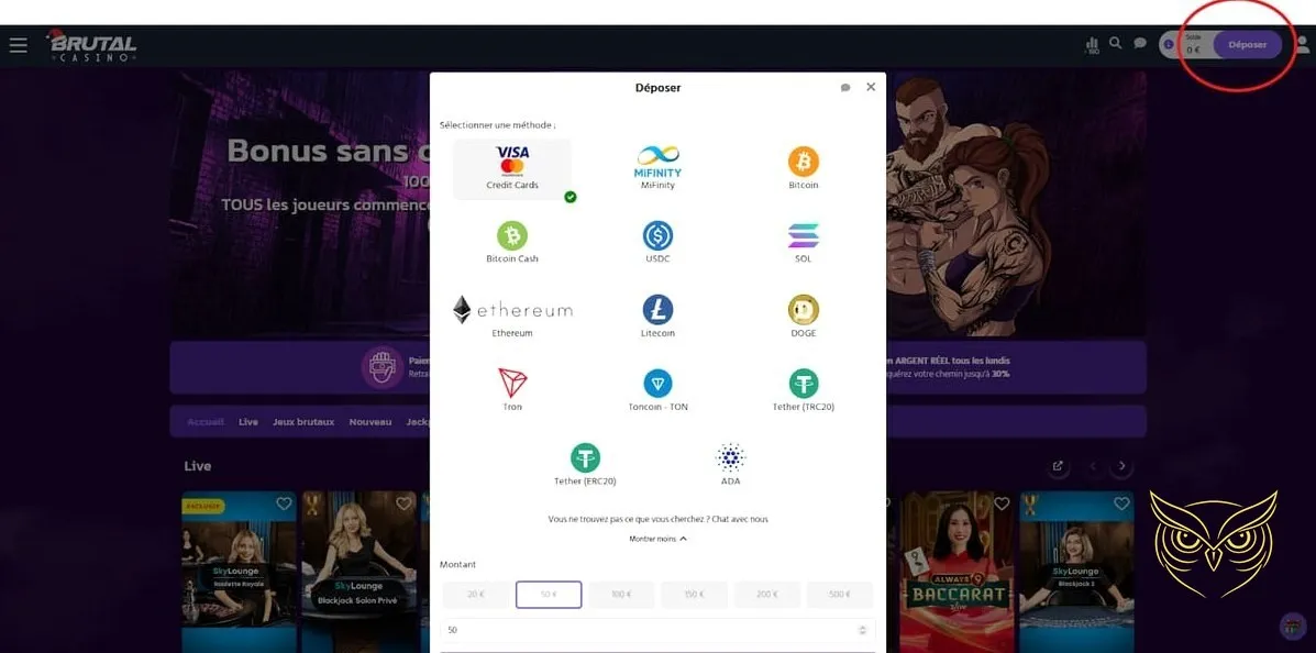 Interface des mini jeux du Brutal Casino