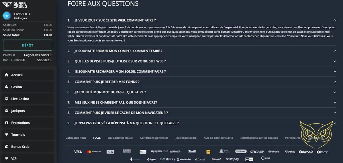 Interface du casino live Buran Casino