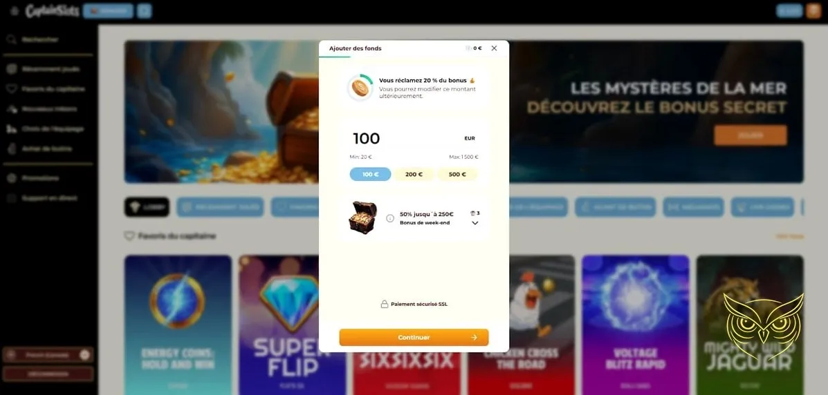 Section casino en direct Captain Slots Casino.