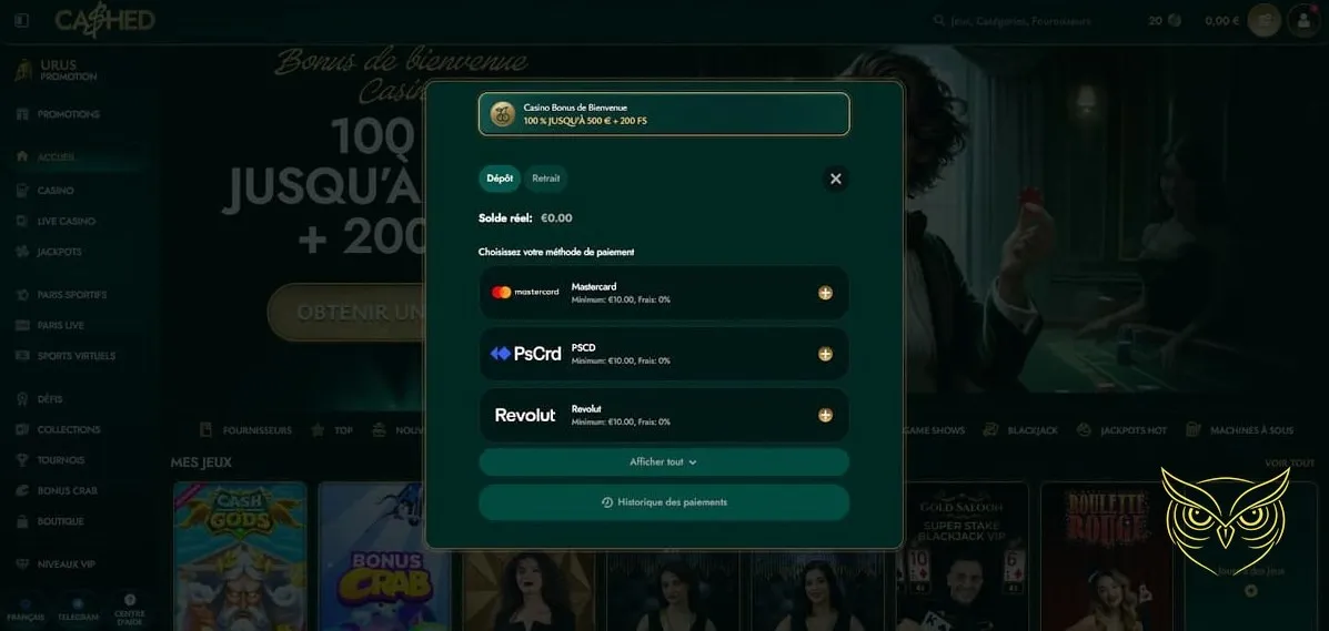 Détails du bonus premier dépôt Cashed Casino.