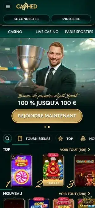 Interface de l'application mobile Cashed Casino.