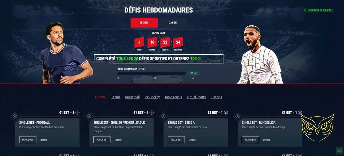 Interface de paris sportifs en direct Casinado