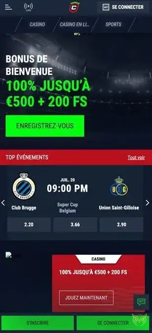 Interface de l'application mobile Casinado Casino