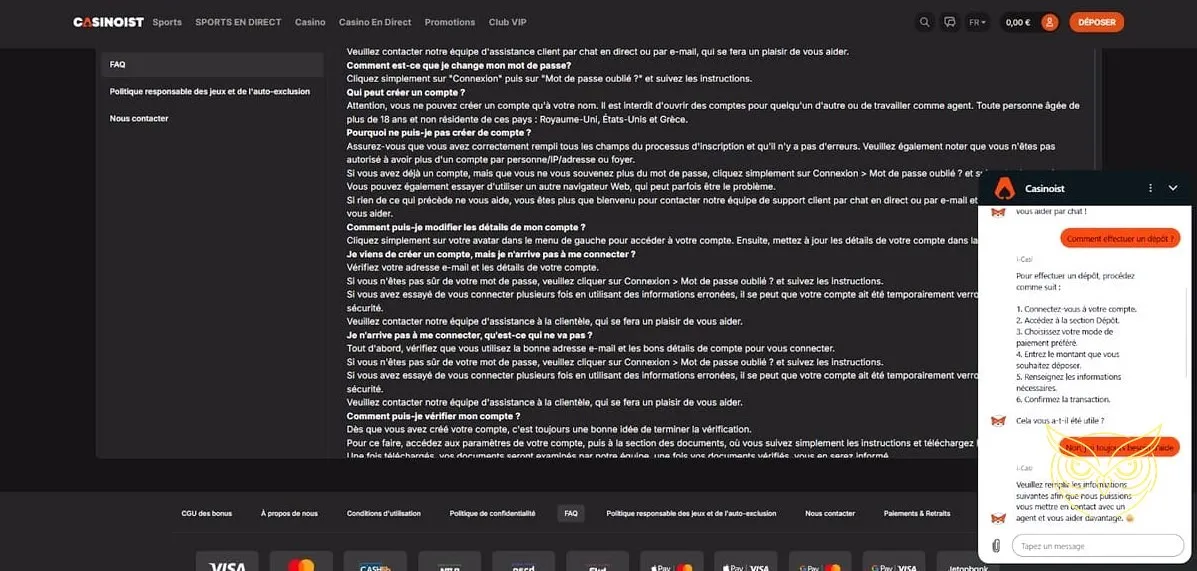 Page du service client Casinoist Casino