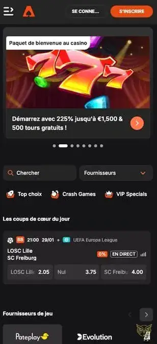 Interface de l'application mobile Casinoist Casino