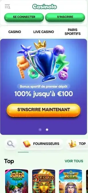 Interface de l'application mobile Casinolo Casino