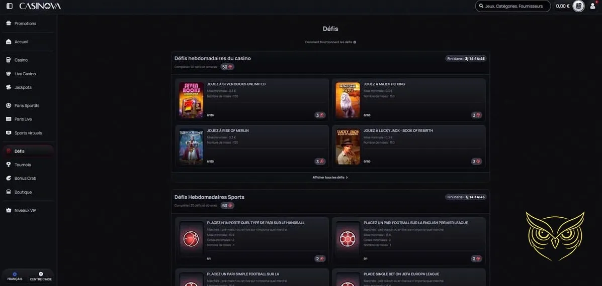 Icône des défis disponibles sur Casinova Casino