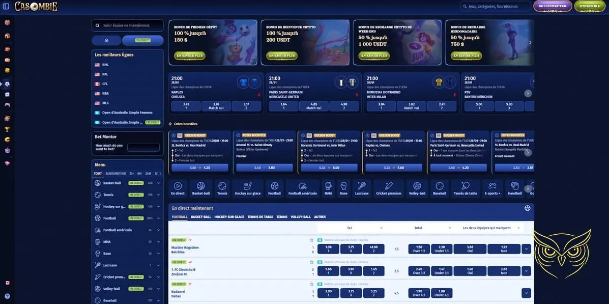 Tableau des tournois disponibles Casombie Casino.
