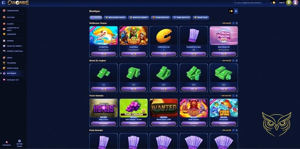 Écran des paris sportifs en direct Casombie Casino.