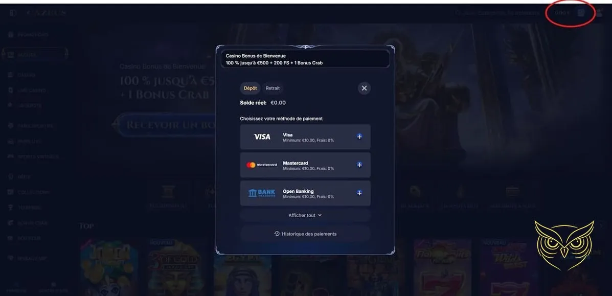 Visuel du bonus de premier dépôt Cazeus.