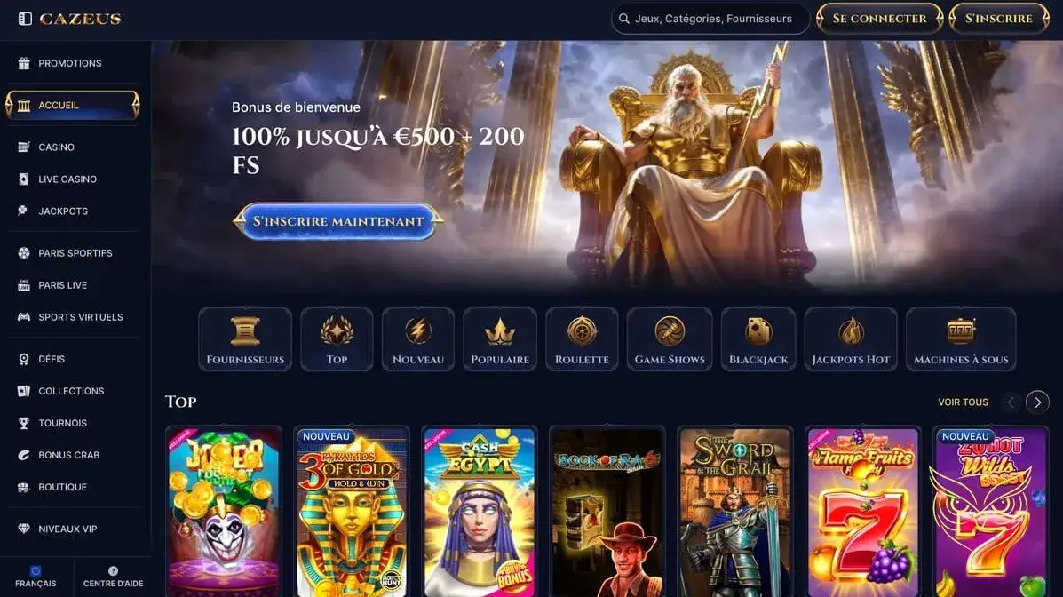 Capture d'écran de l'interface Cazeus Casino.