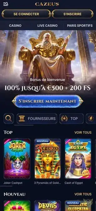 Aperçu de l'application mobile Cazeus Casino.