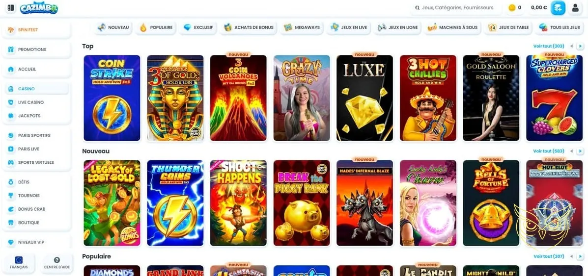 Sélection de machines à sous disponibles chez Cazimbo Casino.