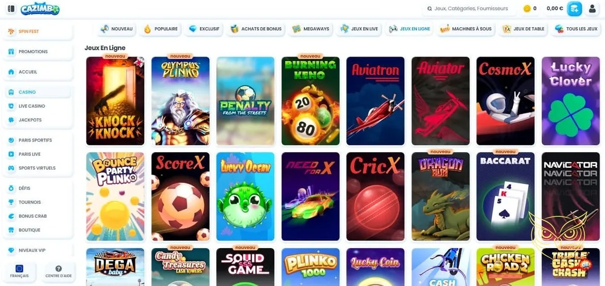 Page des promotions actuelles du Cazimbo Casino.