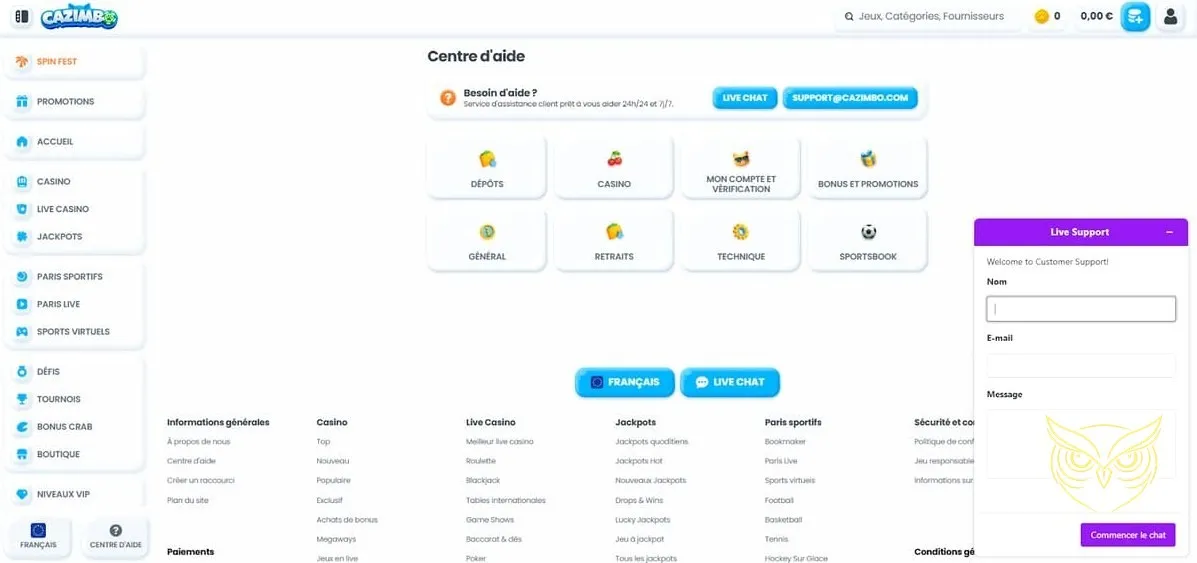 Écran des paris sportifs en direct sur Cazimbo Casino.