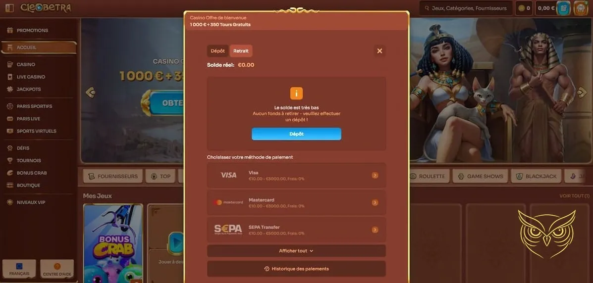 Procédures de retrait rapides Cleobetra Casino.