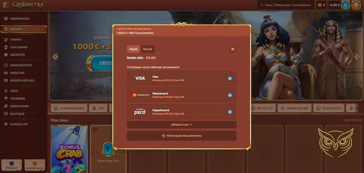 Conditions du bonus de bienvenue Cleobetra Casino.