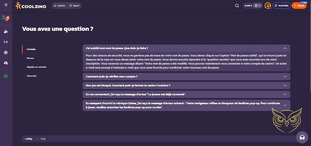 Accès au centre des bonus Coolzino Casino