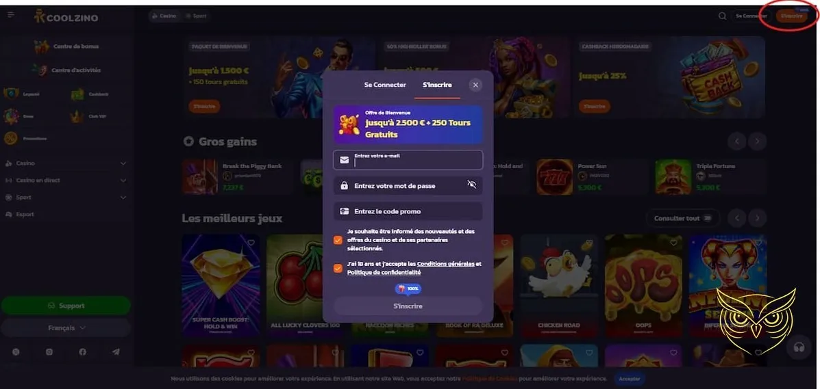 Interface du centre d'activités Coolzino Casino