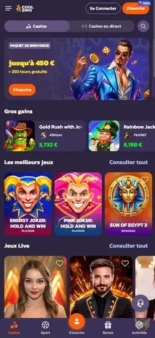 Capture d'écran de l'application Coolzino Casino