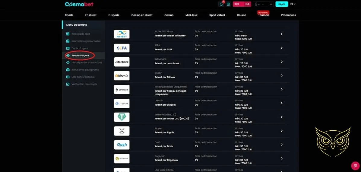 Icône de la section retrait Cosmobet Casino